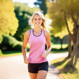 A young, athletic woman with blonde hair and brown eyes, around 18 years old, smiling and looking in love