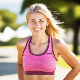 A young, athletic woman with blonde hair and brown eyes, around 18 years old, smiling and looking in love