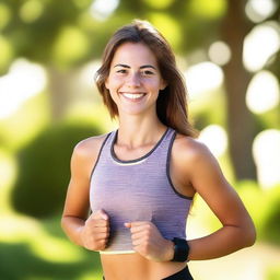 A young, athletic woman with brown hair and brown eyes, around 18 years old, smiling and looking in love