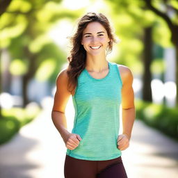 A young, athletic woman with brown hair and brown eyes, around 18 years old, smiling and looking in love