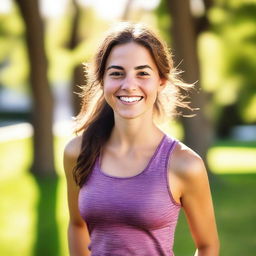 A young, athletic woman with brown hair and brown eyes, around 18 years old, smiling and looking in love