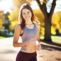 A young, athletic woman with brown hair and brown eyes, around 18 years old, smiling and looking in love