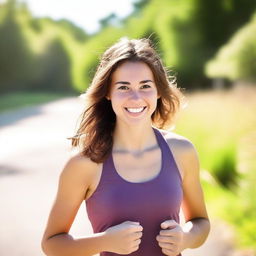 A young, athletic woman with brown hair and brown eyes, around 18 years old, smiling and looking in love