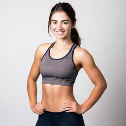 An athletic brunette, 18 years old, smiling with brown eyes