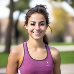 An athletic brunette, 18 years old, smiling with brown eyes