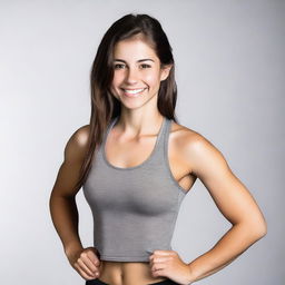 An athletic brunette, 18 years old, smiling with brown eyes