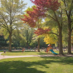 A nostalgic scene of childhood, featuring children playing in a sunny park surrounded by a mix of vibrant trees, lush grass, and colorful playground equipment.