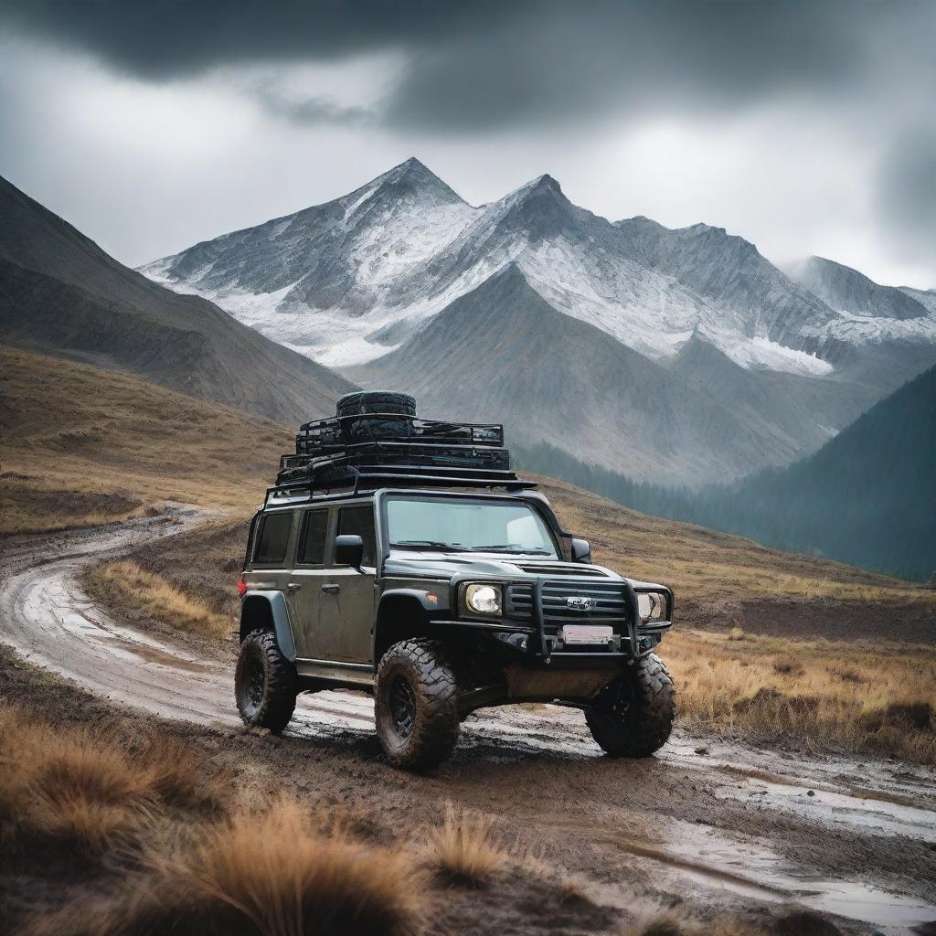 A rugged off-road vehicle driving through a challenging, muddy terrain with a scenic mountain backdrop