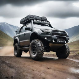 A rugged off-road vehicle driving through a challenging, muddy terrain with a scenic mountain backdrop