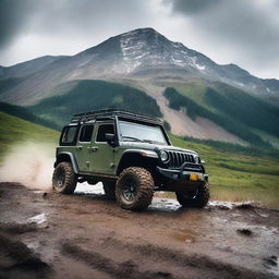 A rugged off-road vehicle driving through a challenging, muddy terrain with a scenic mountain backdrop