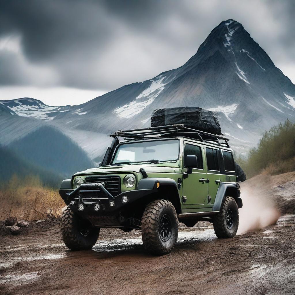 A rugged off-road vehicle driving through a challenging, muddy terrain with a scenic mountain backdrop