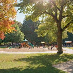 A nostalgic scene of childhood, featuring children playing in a sunny park surrounded by a mix of vibrant trees, lush grass, and colorful playground equipment.