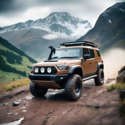 A rugged off-road 4x4 vehicle driving through a challenging terrain