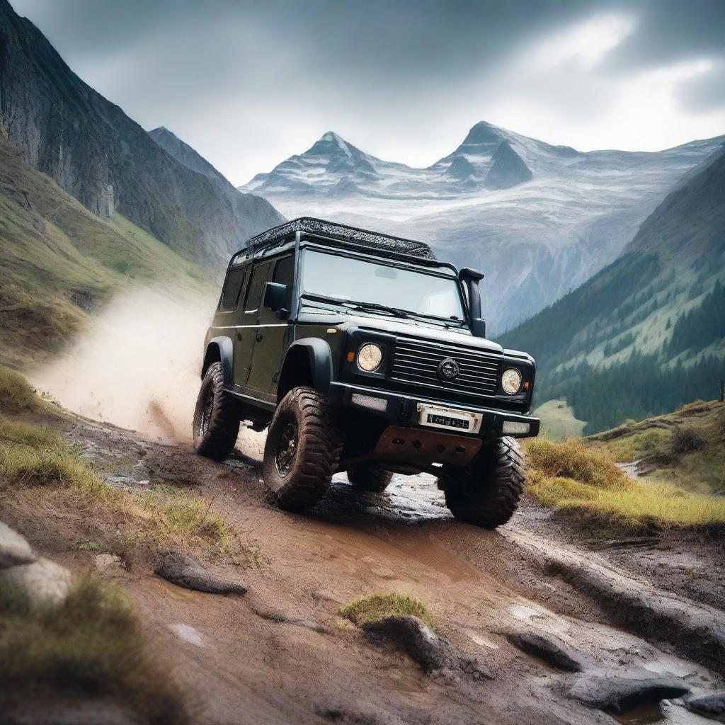 A rugged off-road 4x4 vehicle driving through a challenging terrain