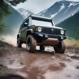 A rugged off-road 4x4 vehicle driving through a challenging terrain