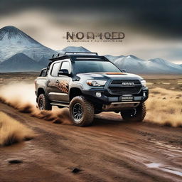 A powerful off-road 4x4 vehicle navigating through a wild and untamed landscape with the slogan 'No Road, No Rules, No Problem' prominently displayed