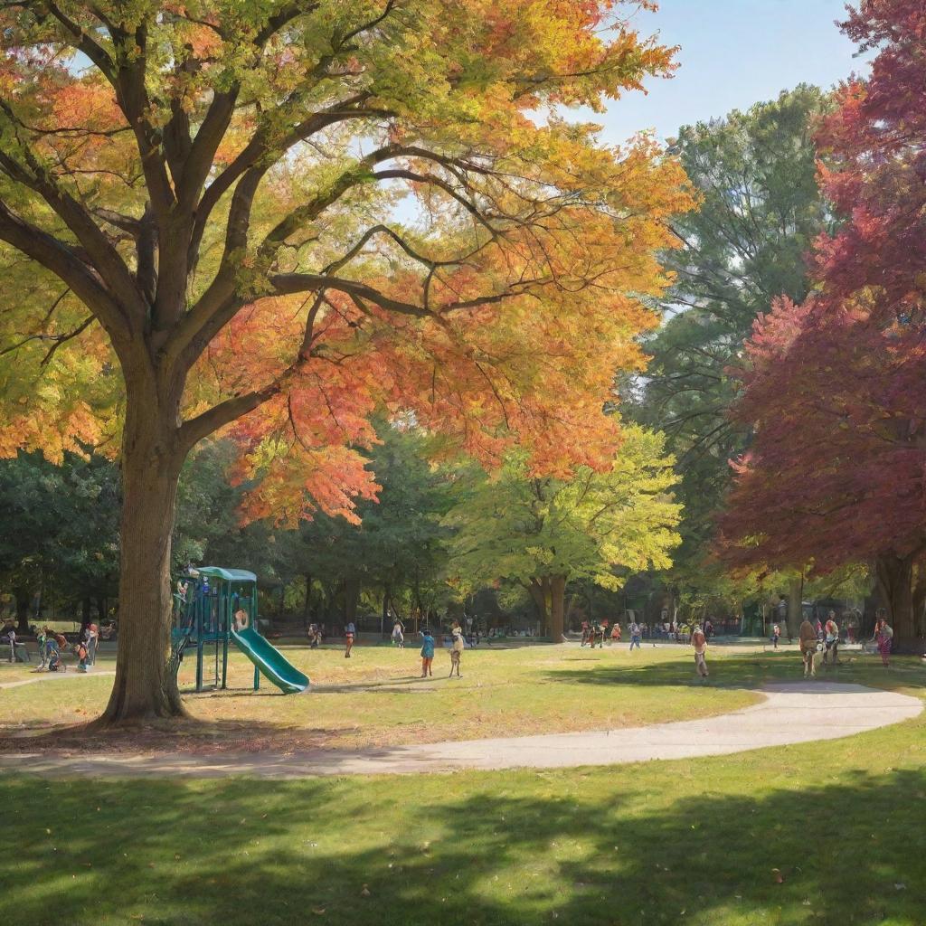 A nostalgic scene of childhood, featuring children playing in a sunny park surrounded by a mix of vibrant trees, lush grass, and colorful playground equipment.