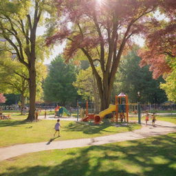 A nostalgic scene of childhood, featuring children playing in a sunny park surrounded by a mix of vibrant trees, lush grass, and colorful playground equipment.