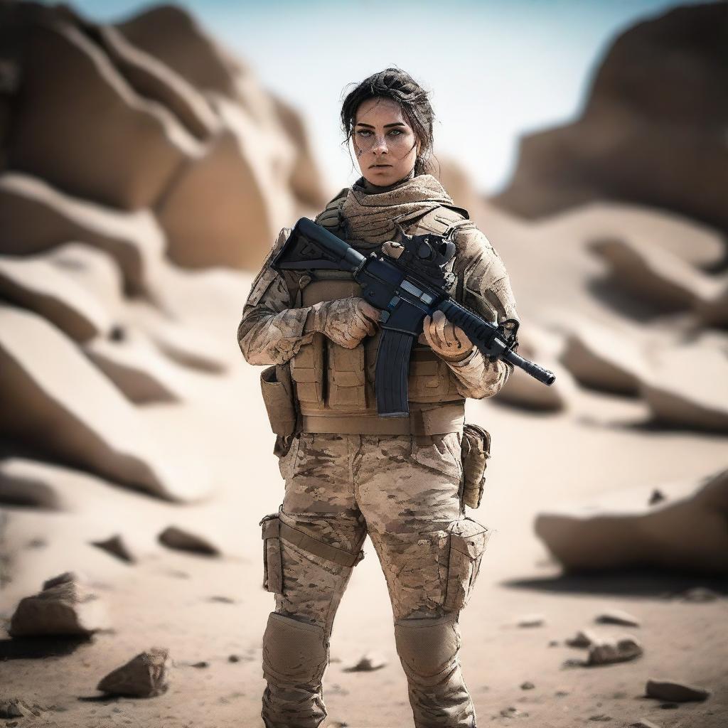 A determined and beautiful female soldier in a Middle Eastern war zone