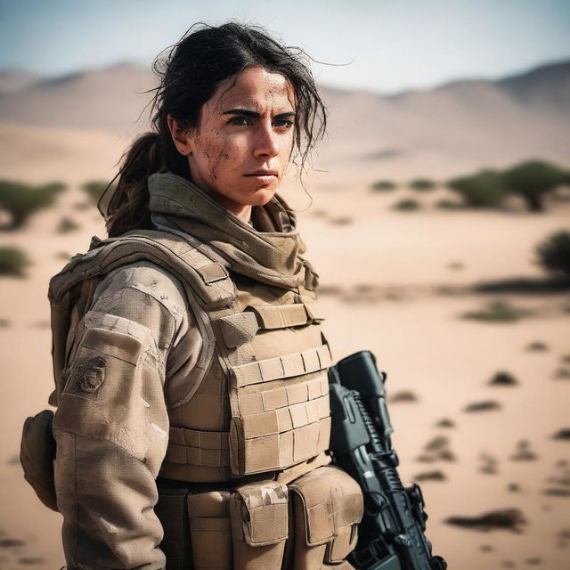 A determined and beautiful female soldier in a Middle Eastern war zone