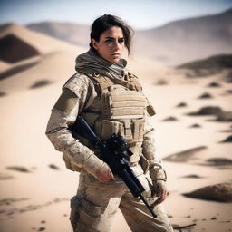 A determined and beautiful female soldier in a Middle Eastern war zone