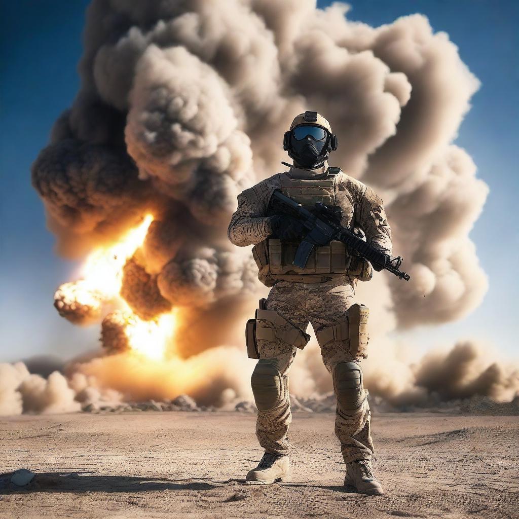 A highly trained navy SEAL stands poised against a massive explosion in a desert military base