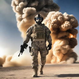 A highly trained navy SEAL stands poised against a massive explosion in a desert military base