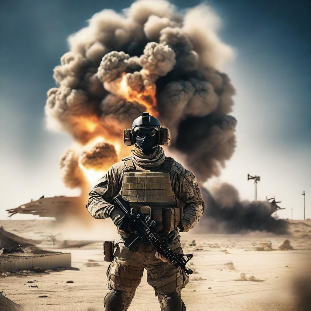 A highly trained navy SEAL stands poised against a massive explosion in a desert military base