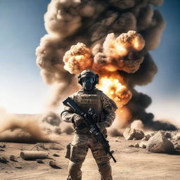 A highly trained navy SEAL stands poised against a massive explosion in a desert military base