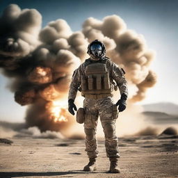 A highly trained navy SEAL stands poised against a massive explosion in a dark and grainy desert military base