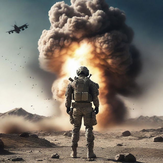 A highly trained navy SEAL stands poised against a massive explosion in a dark and grainy desert military base