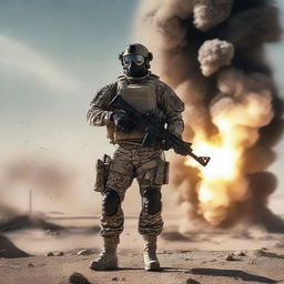 A highly trained navy SEAL stands poised against a massive explosion in a dark and grainy desert military base