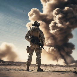 A highly trained navy SEAL stands poised against a massive explosion in a dark and grainy desert military base