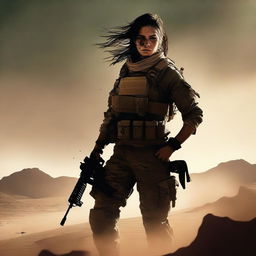 A book cover depicting a military woman fighting in the desert