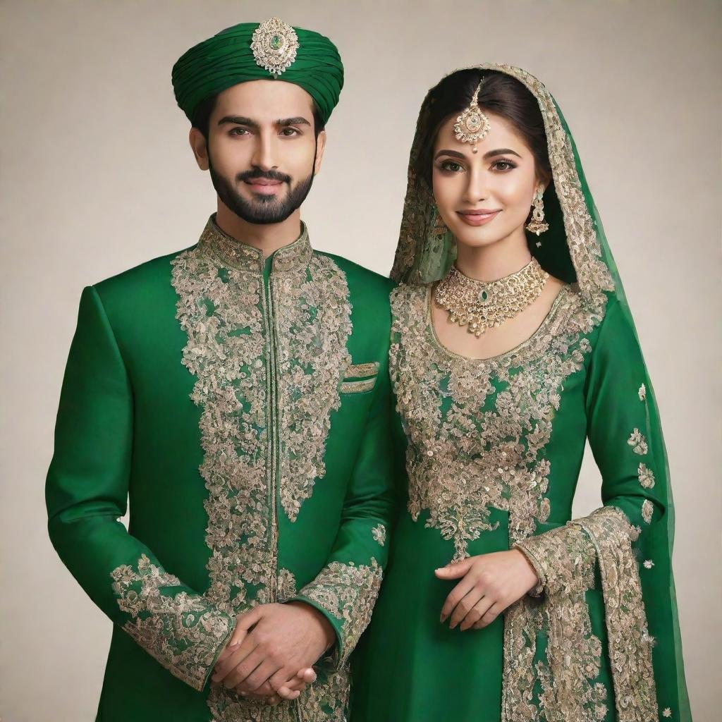 An illustration of a Pakistani bride and groom dressed in beautiful green traditional outfits.