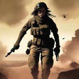 A book cover depicting a military woman fighting in the desert