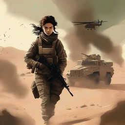 A book cover depicting a military woman fighting in the desert