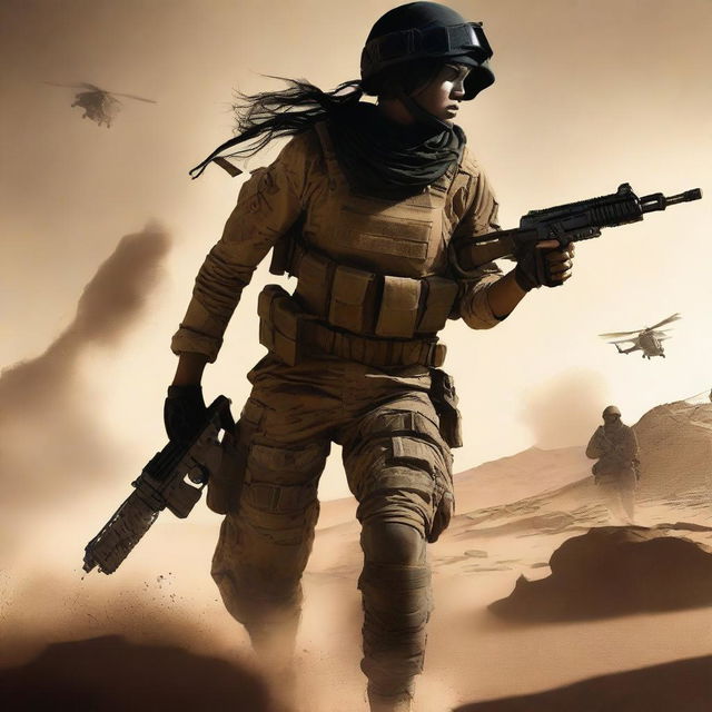 A book cover depicting a military woman fighting in the desert