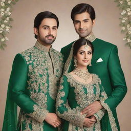 An illustration of a Pakistani bride and groom dressed in beautiful green traditional outfits.