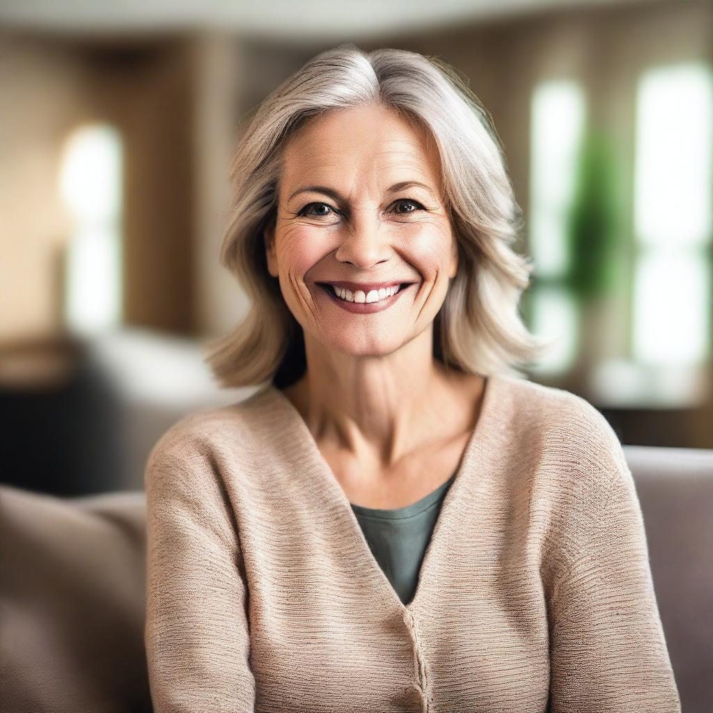 A mature Caucasian woman, stylish and confident, with a warm smile, dressed in casual yet elegant attire