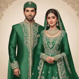 An illustration of a Pakistani bride and groom dressed in beautiful green traditional outfits.