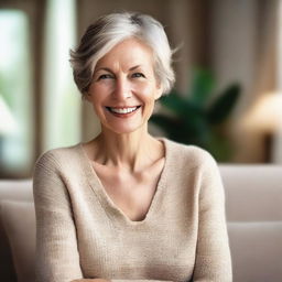 A mature Caucasian woman, stylish and confident, with a warm smile, dressed in casual yet elegant attire