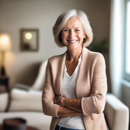 A mature Caucasian woman, stylish and confident, with a warm smile, dressed in casual yet elegant attire