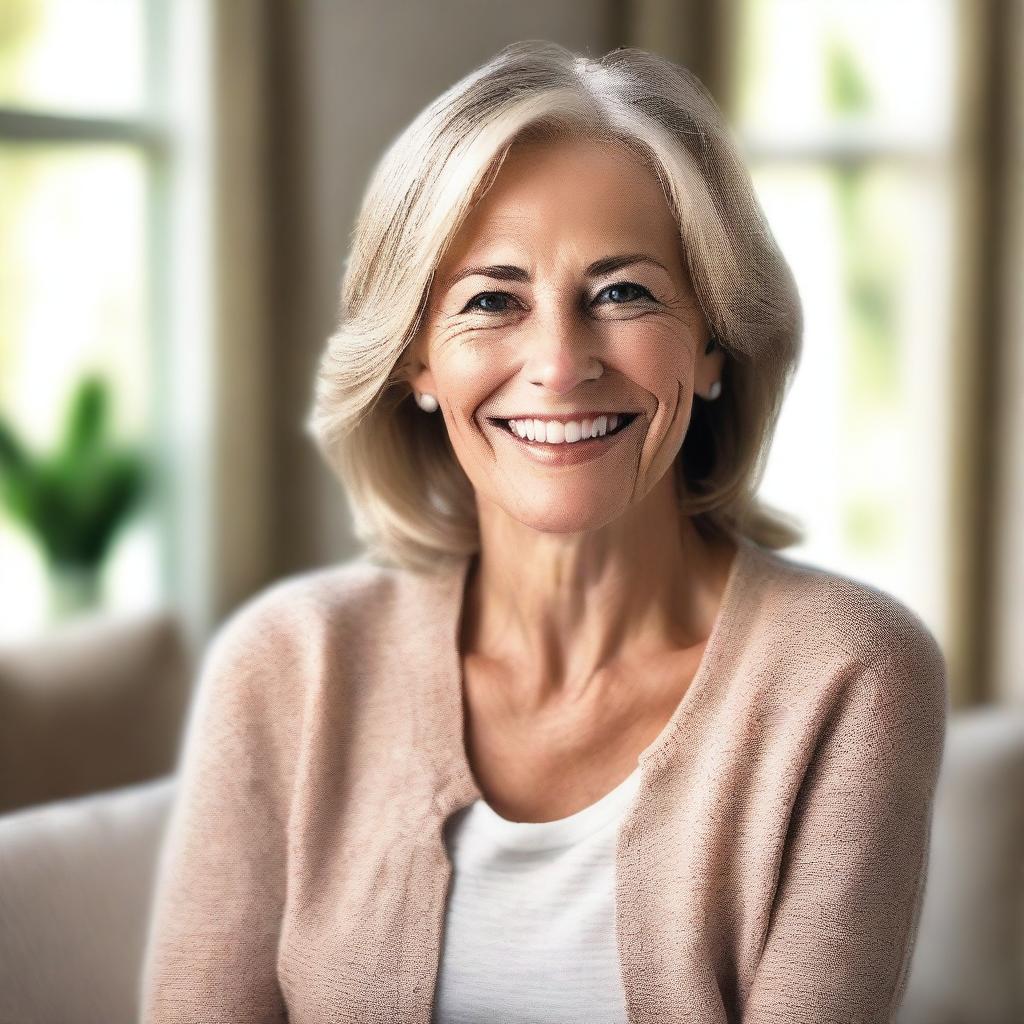 A mature Caucasian woman, stylish and confident, with a warm smile, dressed in casual yet elegant attire