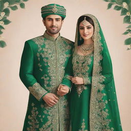 An illustration of a Pakistani bride and groom dressed in beautiful green traditional outfits.