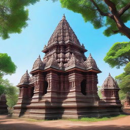 A serene depiction of a Hindu temple with intricate carvings and statues of deities, surrounded by lush greenery and a clear blue sky