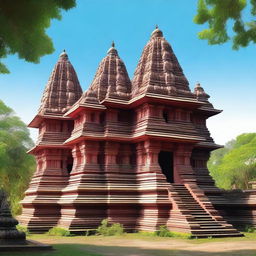 A serene depiction of a Hindu temple with intricate carvings and statues of deities, surrounded by lush greenery and a clear blue sky