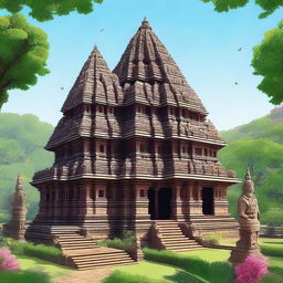 A serene depiction of a Hindu temple with intricate carvings and statues of deities, surrounded by lush greenery and a clear blue sky