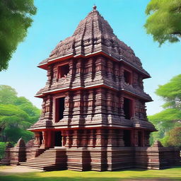 A serene depiction of a Hindu temple with intricate carvings and statues of deities, surrounded by lush greenery and a clear blue sky