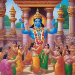 A vibrant and energetic scene depicting devotees chanting 'Jai Shree Ram' in front of a grand statue of Lord Rama